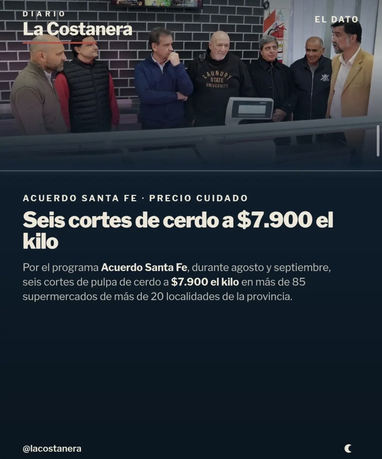 Placa de La Costanera con el dato de seis cortes de cerdo a $7.900 el kilo por el programa Acuerdo Santa Fe