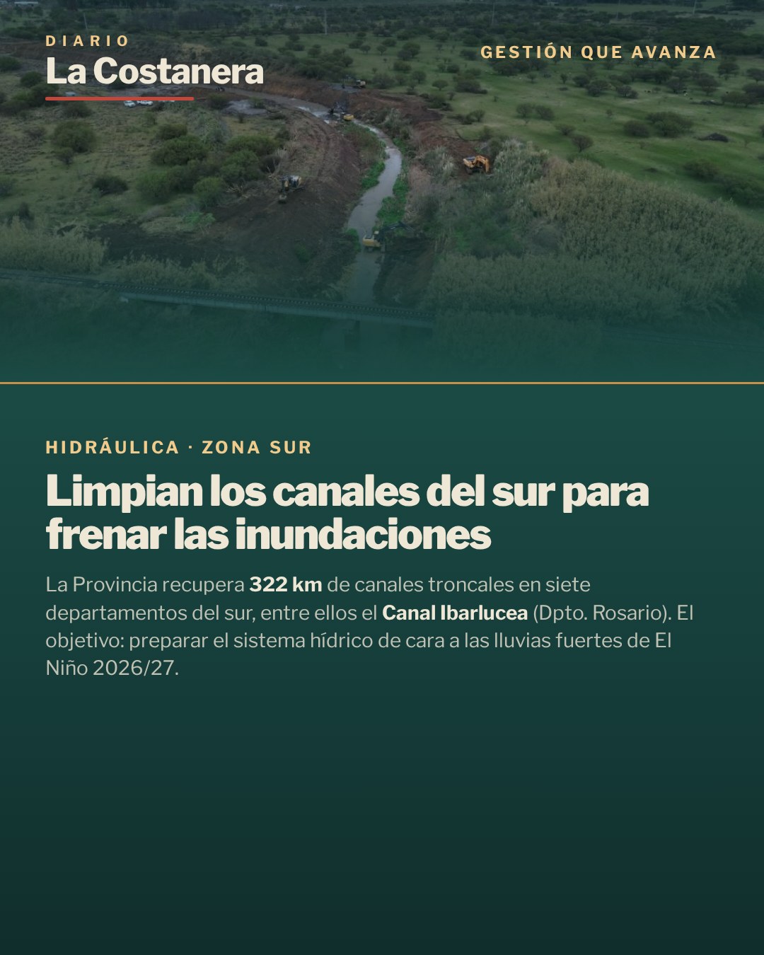Placa de La Costanera con el título "Limpian los canales del sur para frenar las inundaciones", sobre la recuperación de canales troncales