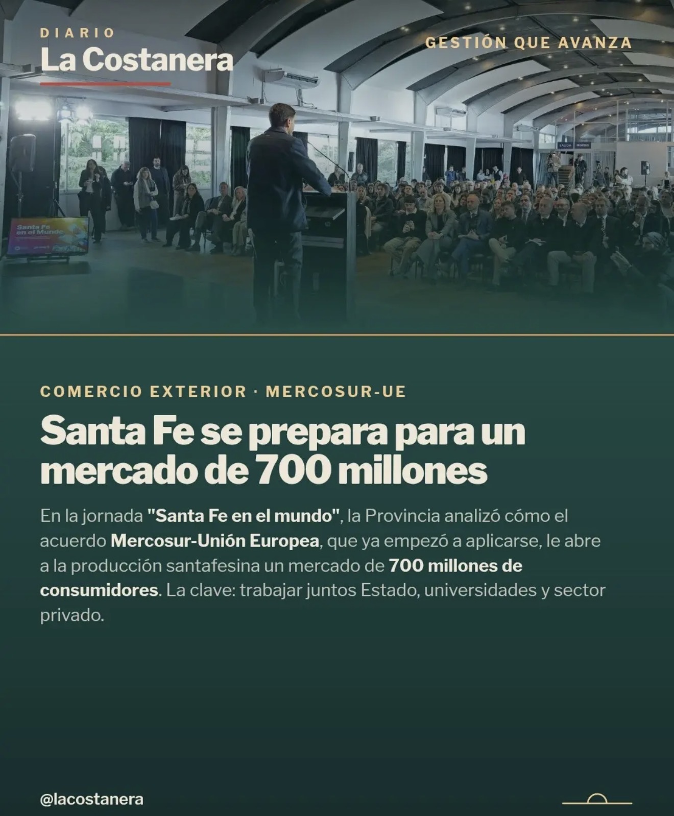 Placa de La Costanera: exposición ante un auditorio lleno en la jornada "Santa Fe en el mundo", con el título "Santa Fe se prepara para un mercado de 700 millones"