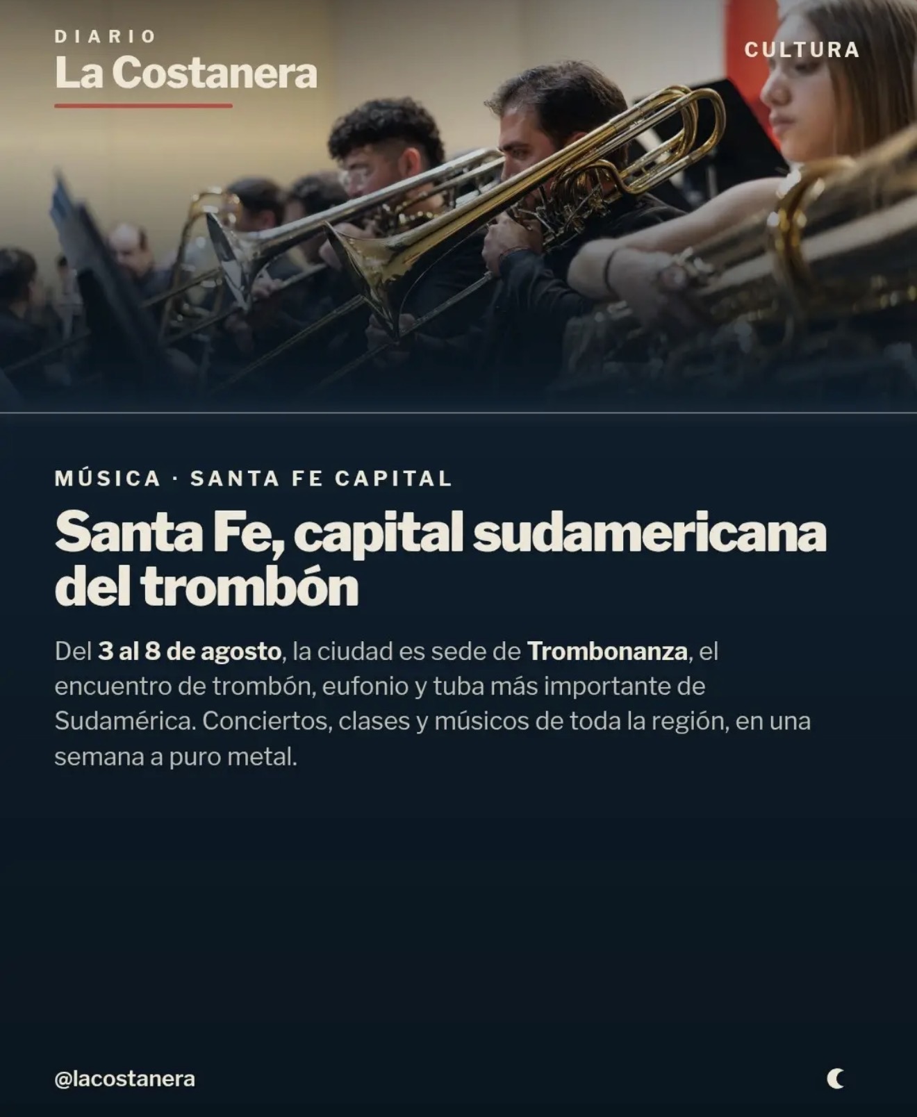 Placa de La Costanera con el título "Santa Fe, capital sudamericana del trombón", sobre Trombonanza