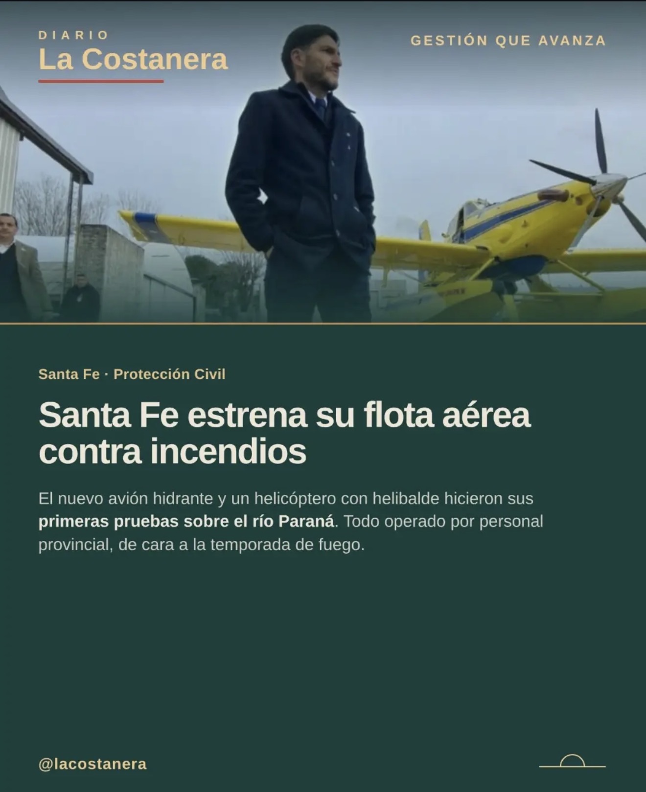 Placa de La Costanera con el título "Santa Fe estrena su flota aérea contra incendios"