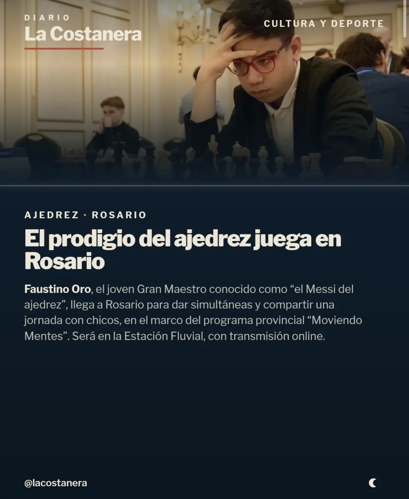 Placa de La Costanera con el título "El prodigio del ajedrez juega en Rosario", sobre Faustino Oro