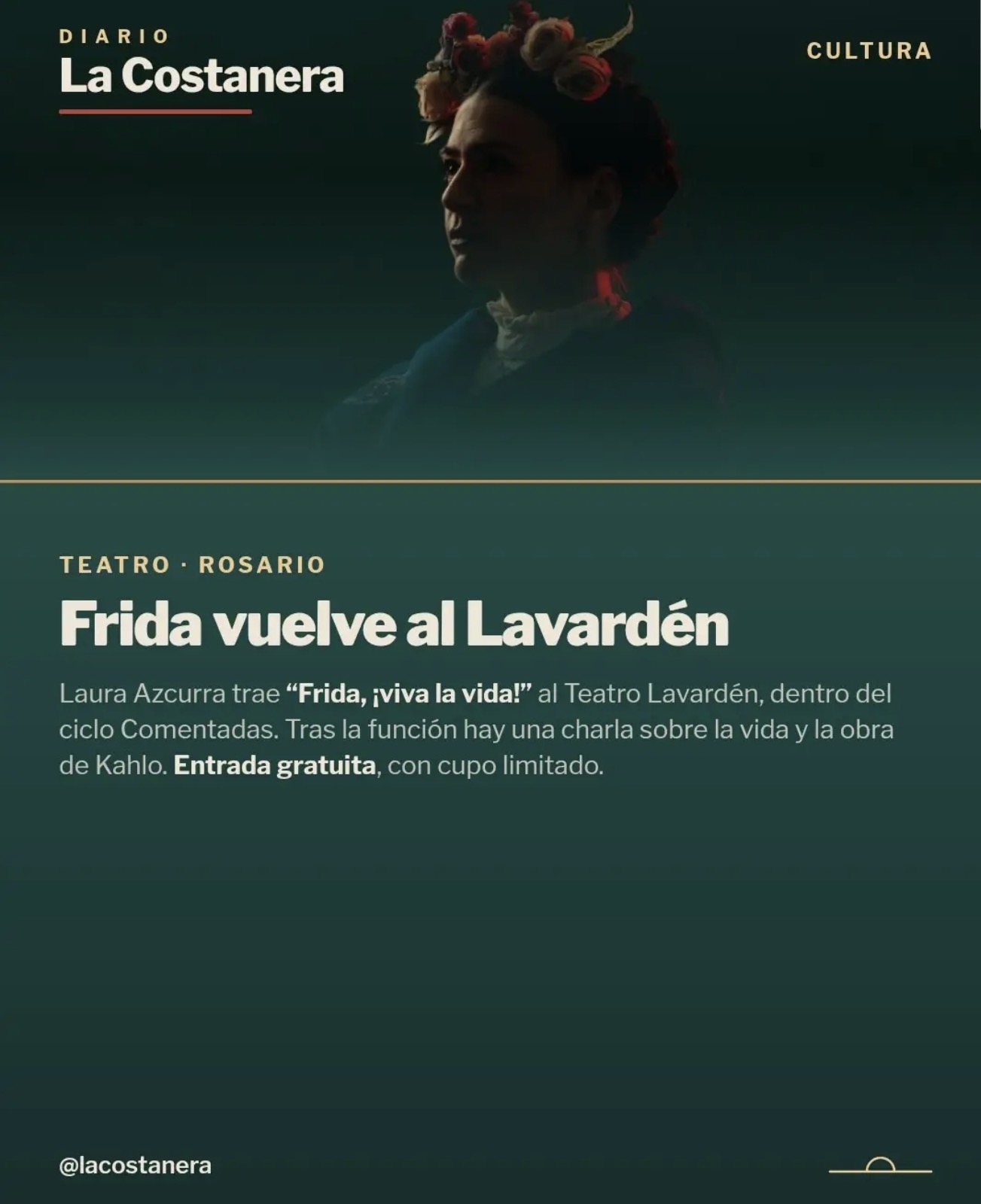 Placa de La Costanera con el título "Frida vuelve al Lavardén", sobre la obra Frida, ¡viva la vida!