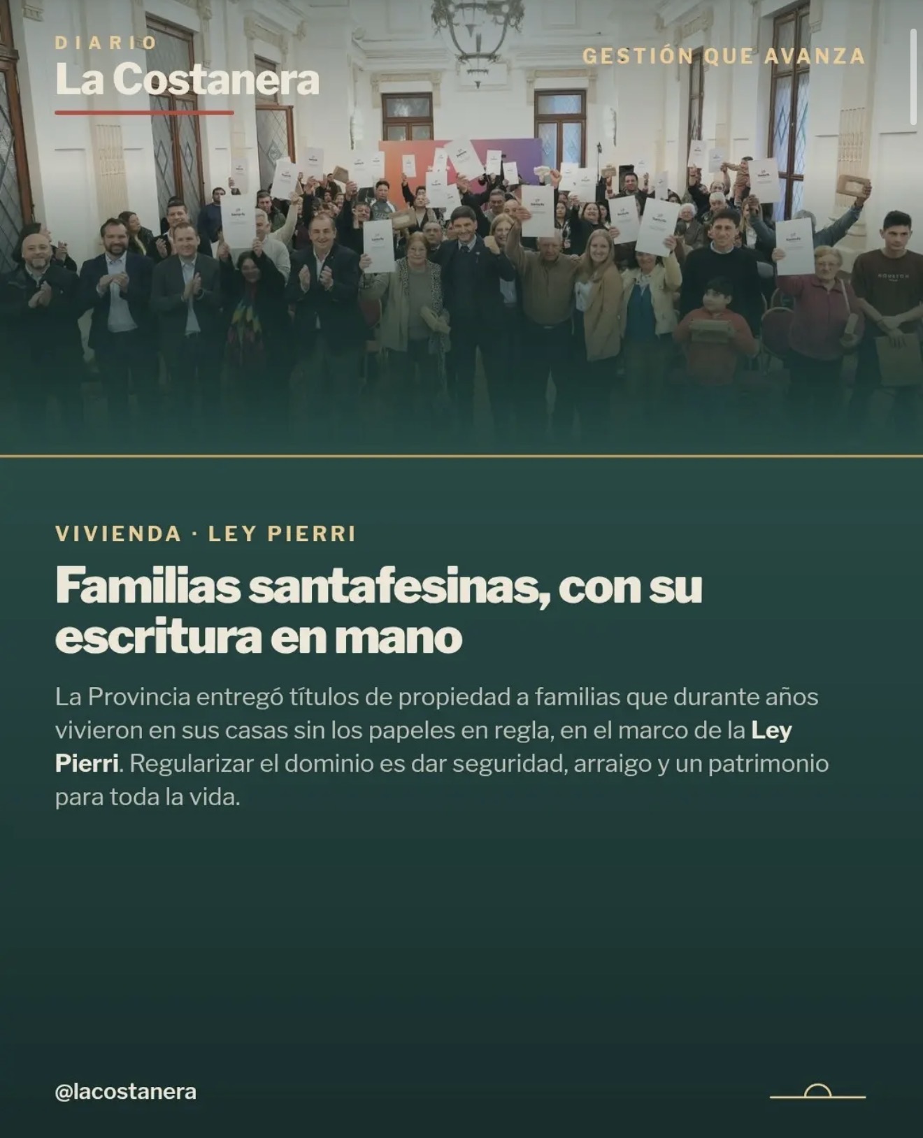 Placa de La Costanera con el título "Familias santafesinas, con su escritura en mano", sobre la Ley Pierri