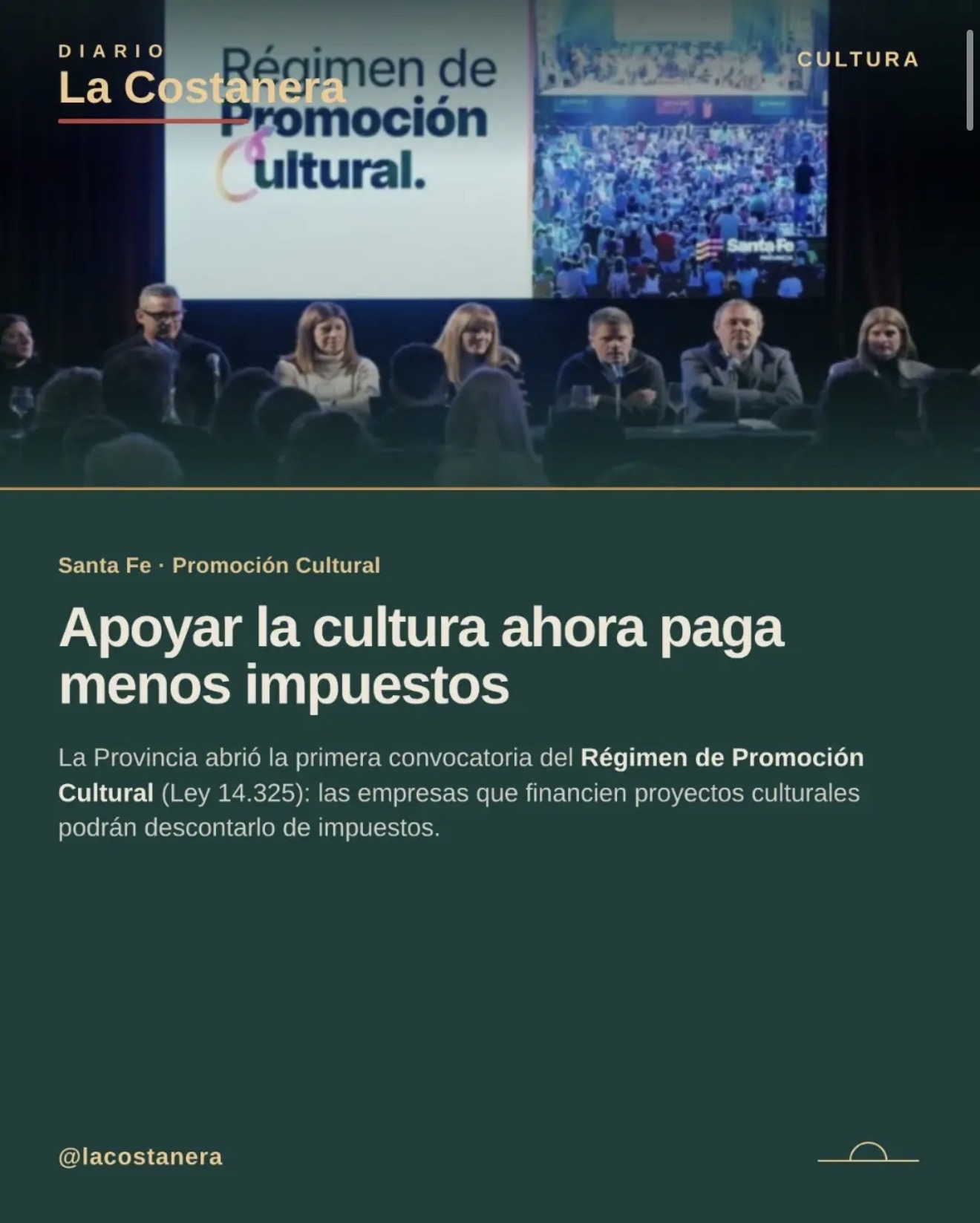 Placa de La Costanera sobre la primera convocatoria del Régimen de Promoción Cultural de Santa Fe